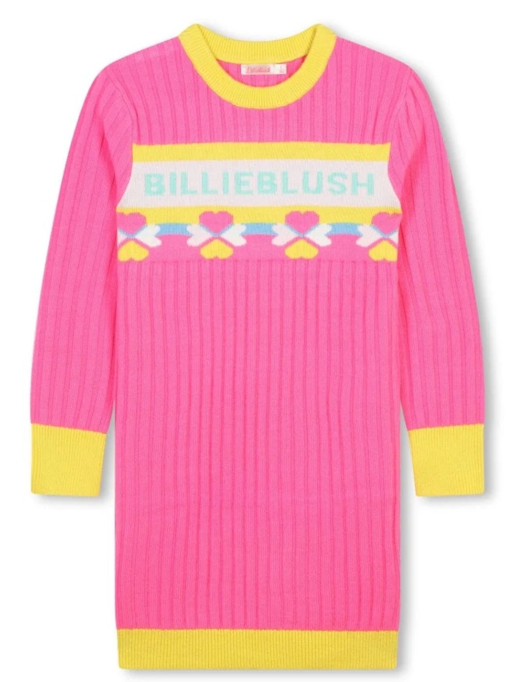 NWOT Billieblush Hot Pink Knit Dress with Yellow Trim and Logo Panel